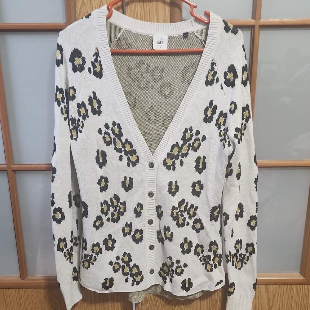 CAbi Cream Leopard Button Up Cardigan Sweater Size Small